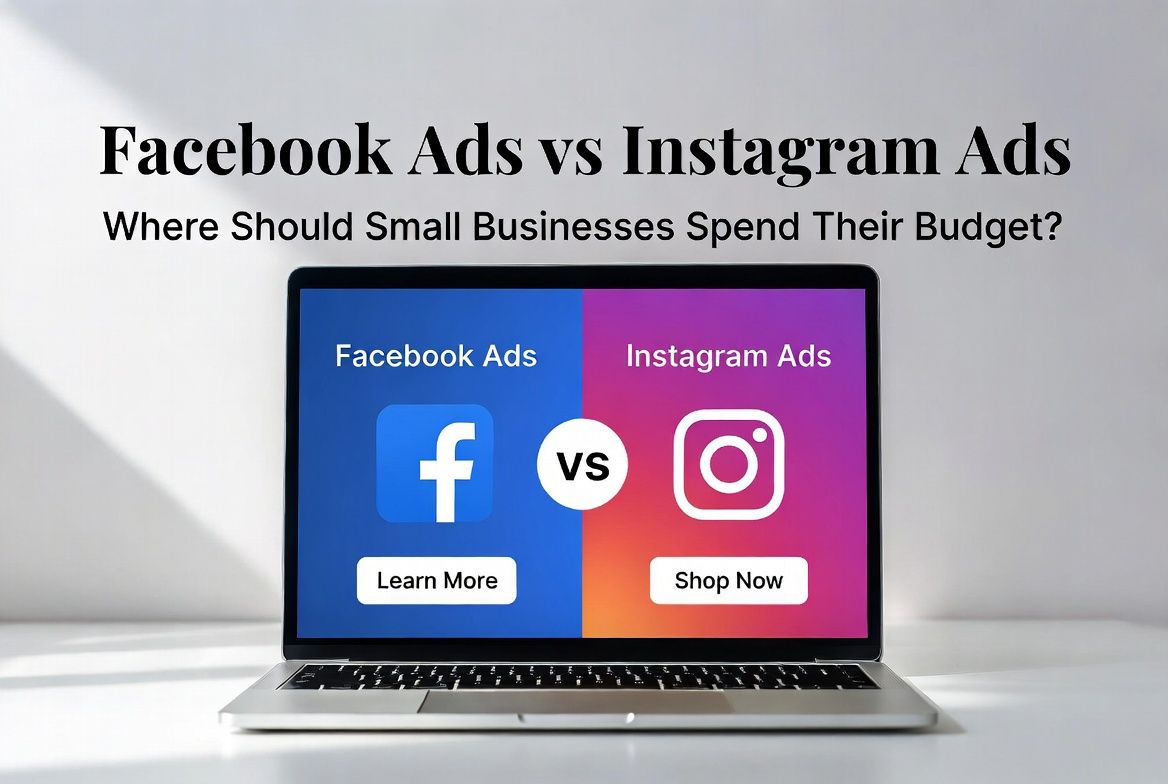 Facebook Ads vs Instagram Ads comparison for small businesses showing two smartphone ad examples and social media advertising platforms in 2026