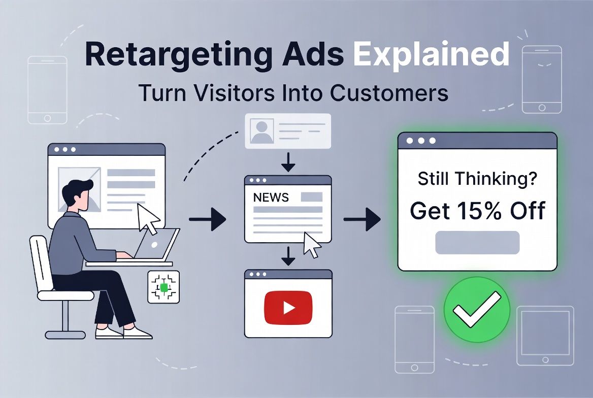 Illustration showing how retargeting ads work by tracking website visitors and showing them ads across platforms like Google and Facebook