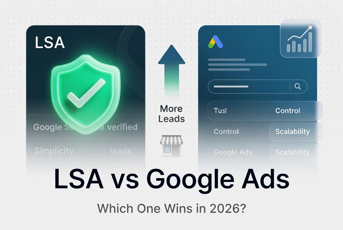 Google Local Service Ads vs Google Ads visual comparison showing LSA trust badge and Google Ads search ad interface for small business lead generation