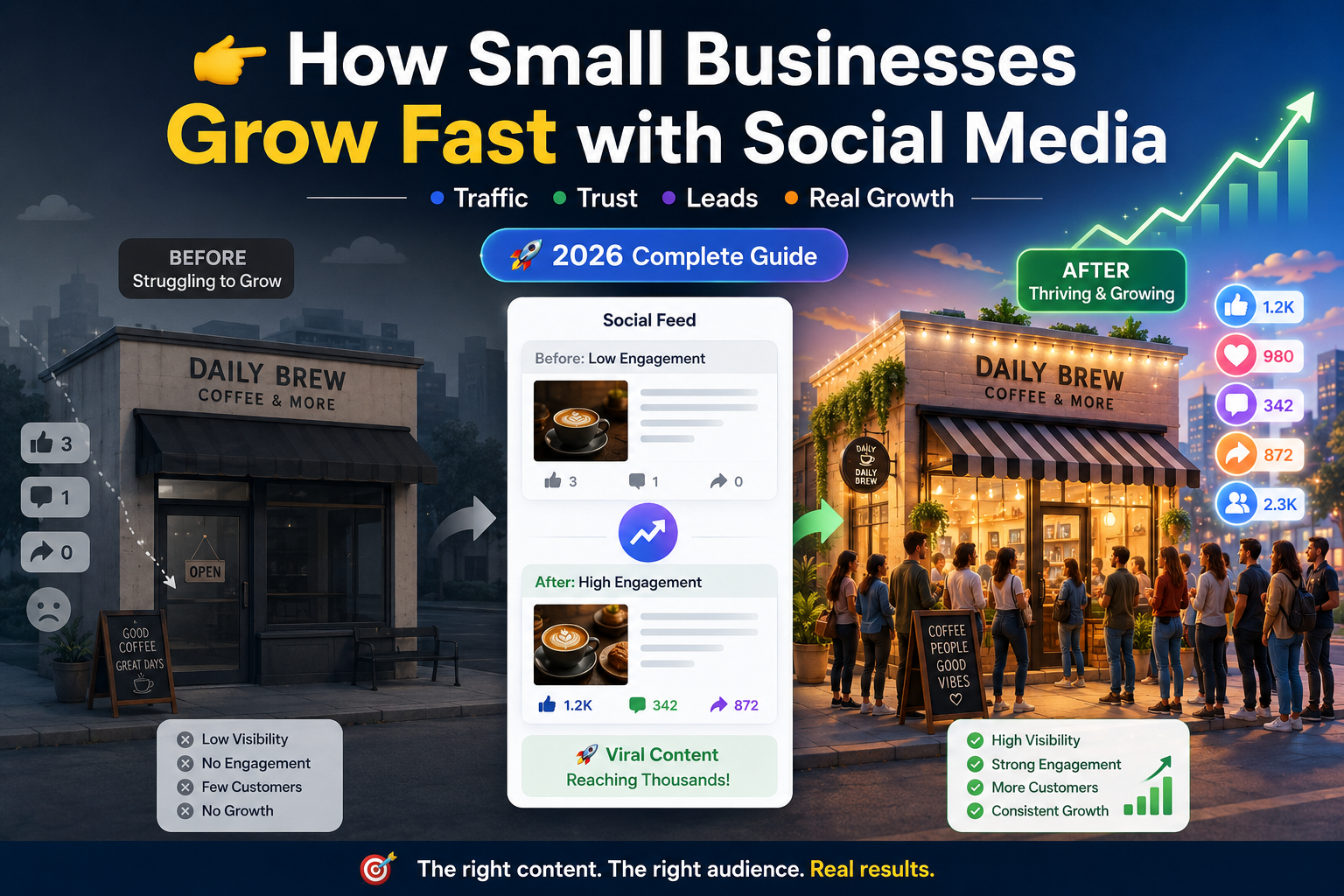 Small business growth through social media marketing comparison showing before and after transformation from low engagement to high customer activity