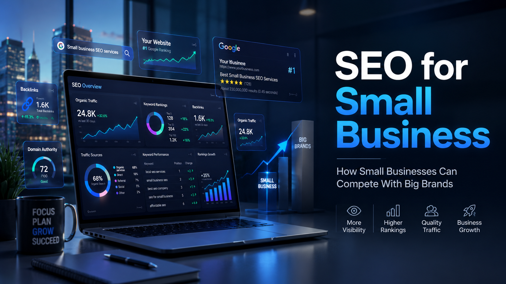 SEO for small business dashboard showing Google ranking #1, organic traffic growth, and keyword performance