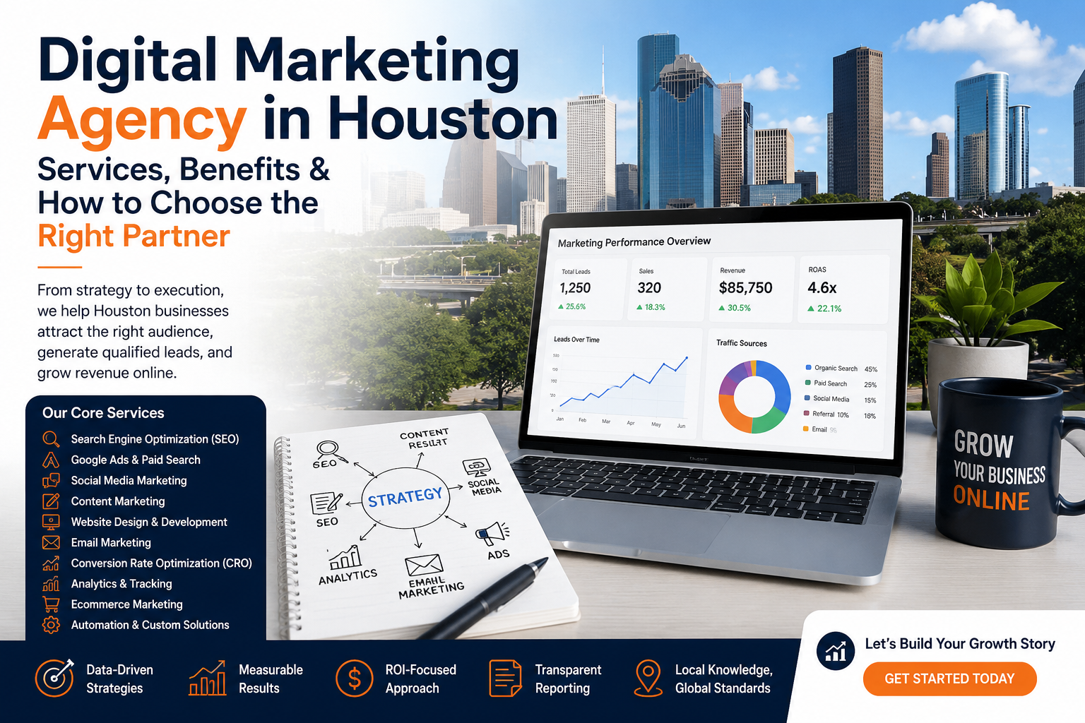 Digital marketing agency in Houston reviewing SEO, advertising, leads, revenue, and marketing performance