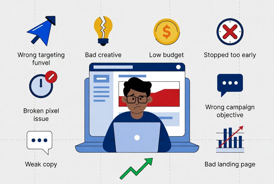 Facebook Ads dashboard showing low performance and common mistakes that cause Facebook Ads not to work for small businesses