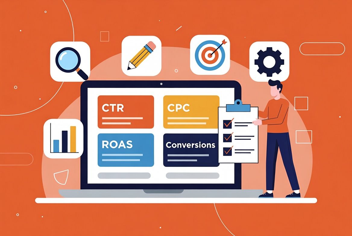 What is PPC management illustration showing Google Ads dashboard and campaign optimization process for small business