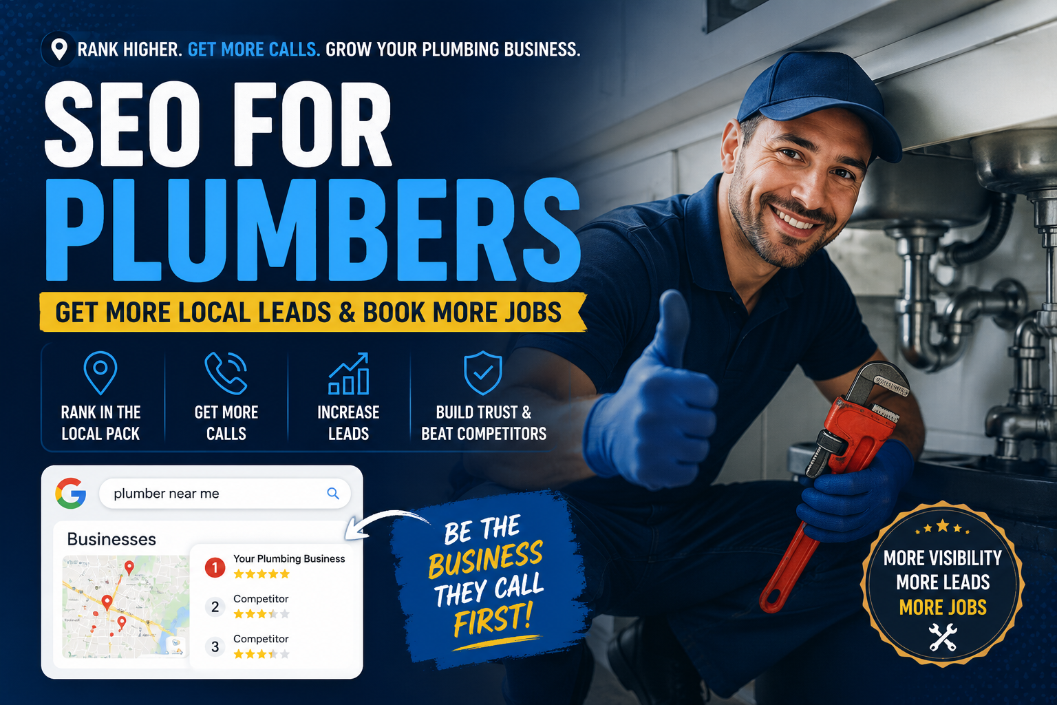 Professional plumber promoting SEO for plumbers to increase Google rankings, local leads, and plumbing service bookings.