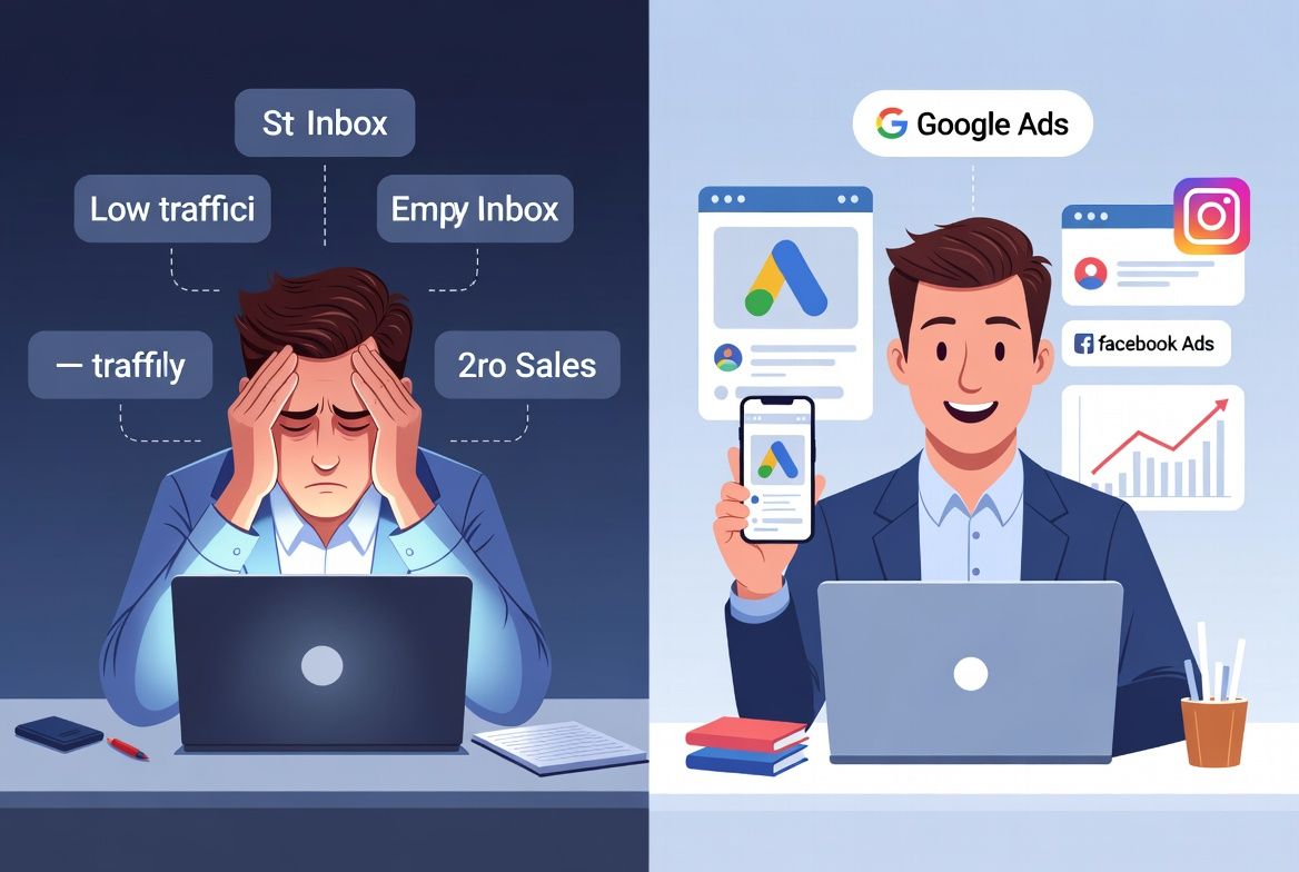Split-scene digital illustration showing a small business owner struggling with zero leads on one side, and succeeding with Google Ads and Facebook Ads on the other — visualizing paid advertising ROI in 2026.