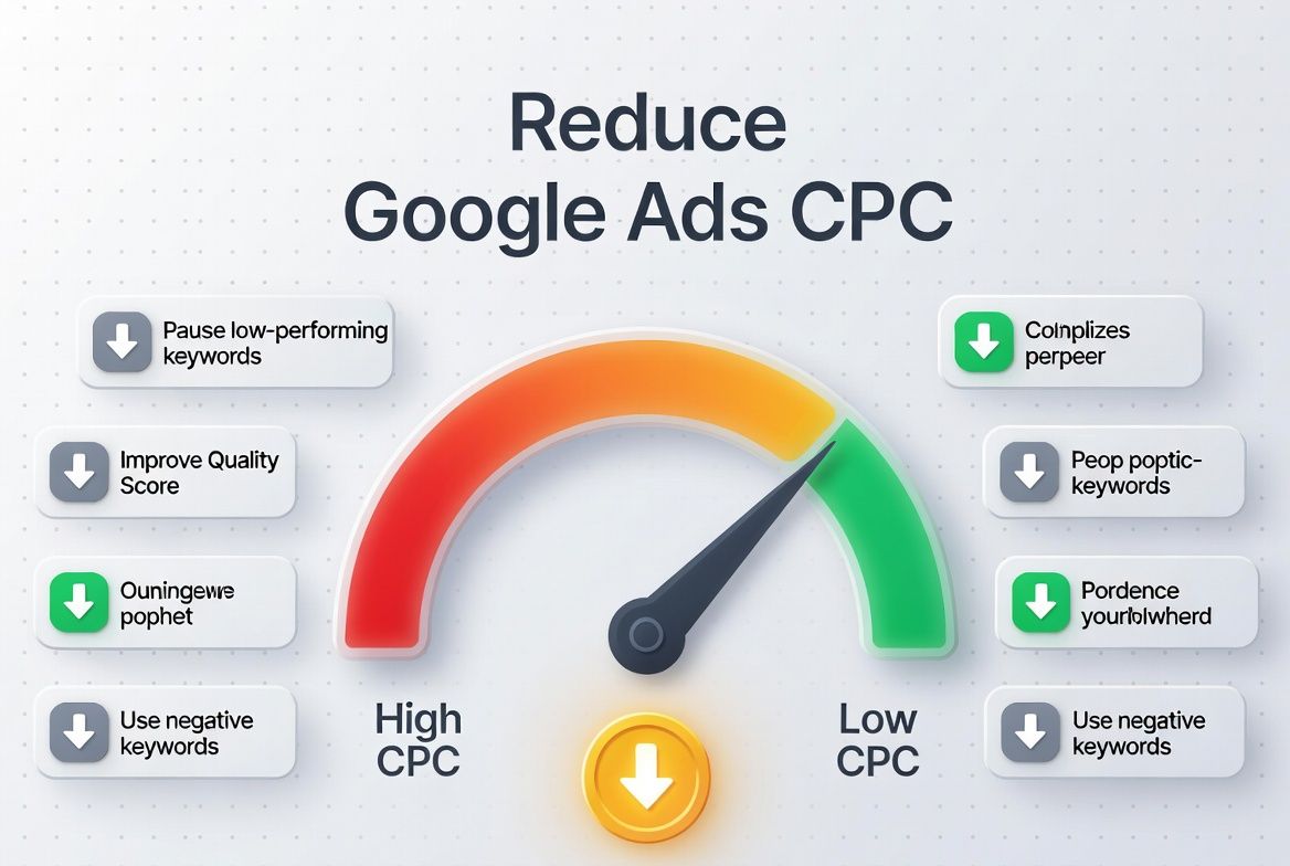 Google Ads cost per click optimization gauge showing high CPC reducing to low CPC with strategies