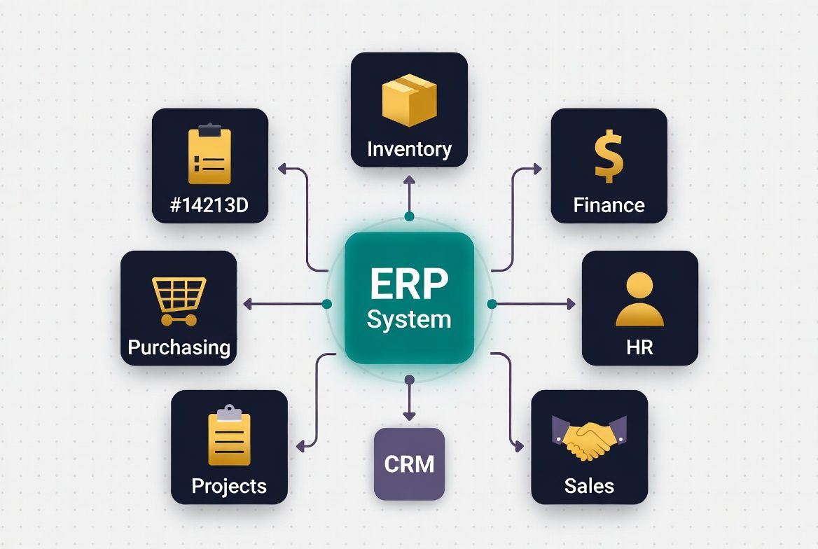 ERP software diagram showing connected modules like inventory, finance, HR, and sales with CRM integration for small businesses