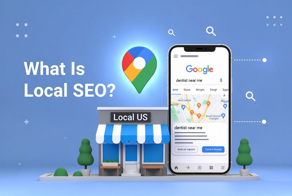 Local SEO search results on Google Maps showing nearby small businesses after a “near me” search on a smartphone.