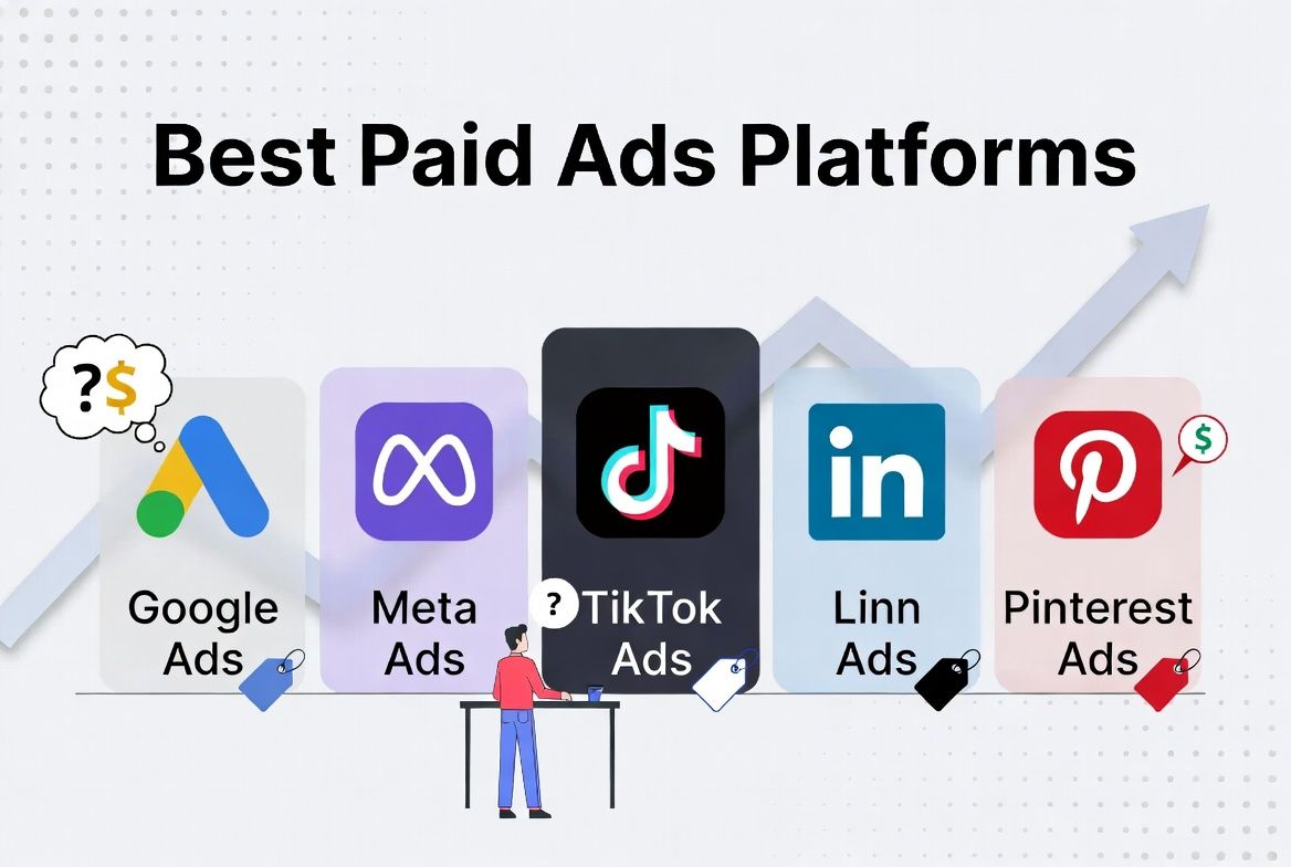 Comparison of Google Ads, Meta Ads, TikTok, LinkedIn, and Pinterest showing best paid advertising platforms for small businesses