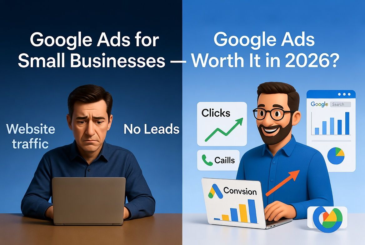 Google Ads campaign generating leads and ROI for a small business shown on a laptop with Google search ads and marketing analytics dashboard