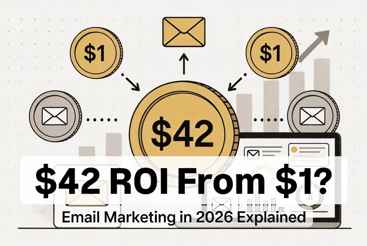 Illustration showing email marketing ROI of $42 for every $1 spent with growth chart