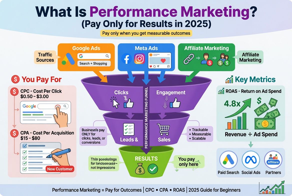 Performance marketing funnel showing Google Ads Meta Ads and affiliate marketing channels with CPC CPA and ROAS metrics