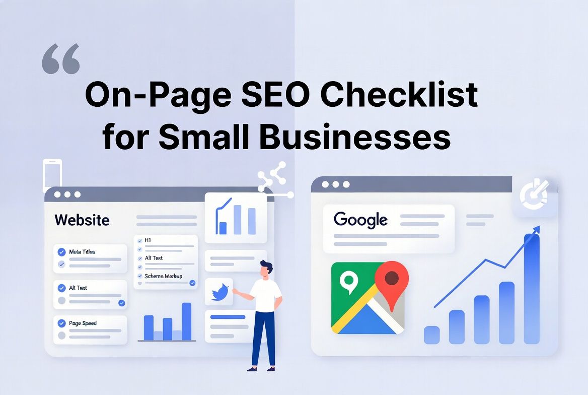 Small business owner optimizing website with on-page SEO elements like meta titles, H1 tags, alt text, schema markup, and page speed; dashboard showing improved Google rankings and traffic growth.