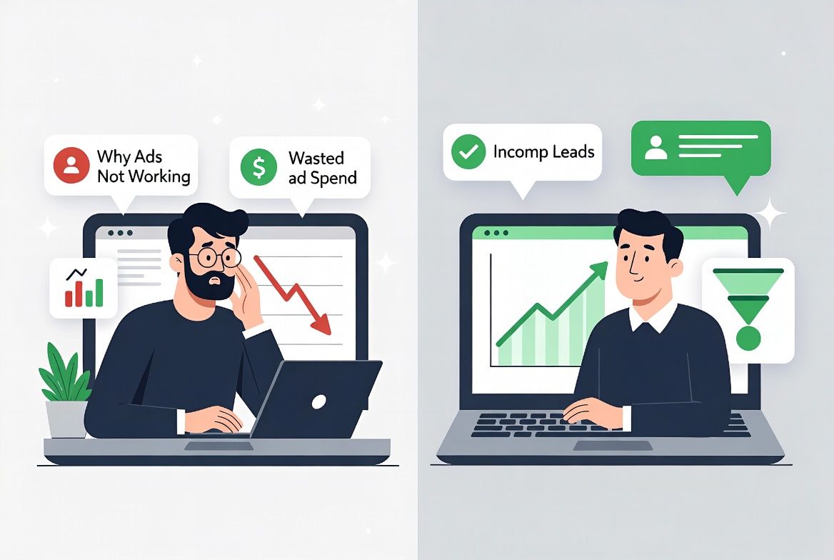 Small business owner frustrated because Google Ads and Facebook Ads are not generating leads on a laptop screen