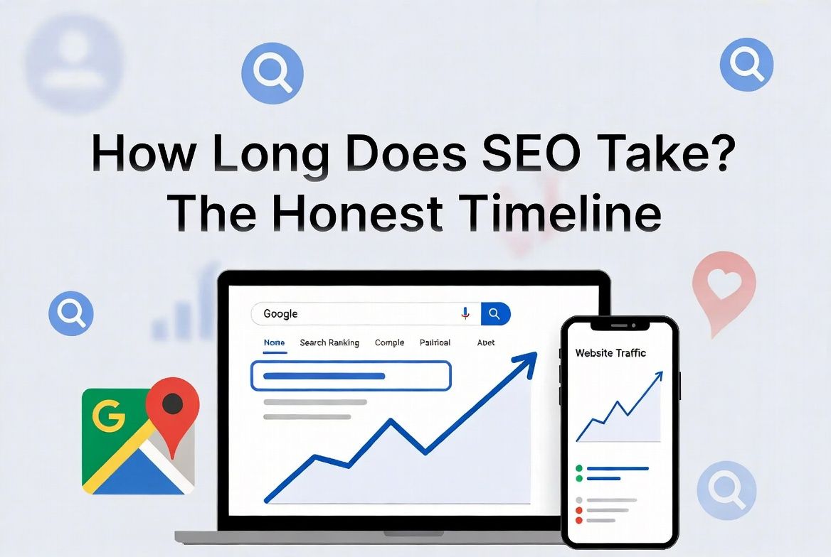 SEO results timeline illustration showing a small business website's traffic and Google rankings growing over time, representing the typical SEO phases for small businesses.