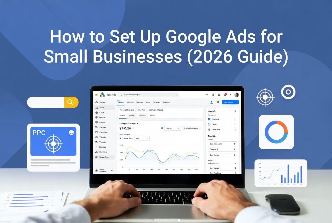 Small business owner setting up a Google Ads campaign on a laptop with keyword targeting, PPC ads dashboard, and marketing analytics graphs