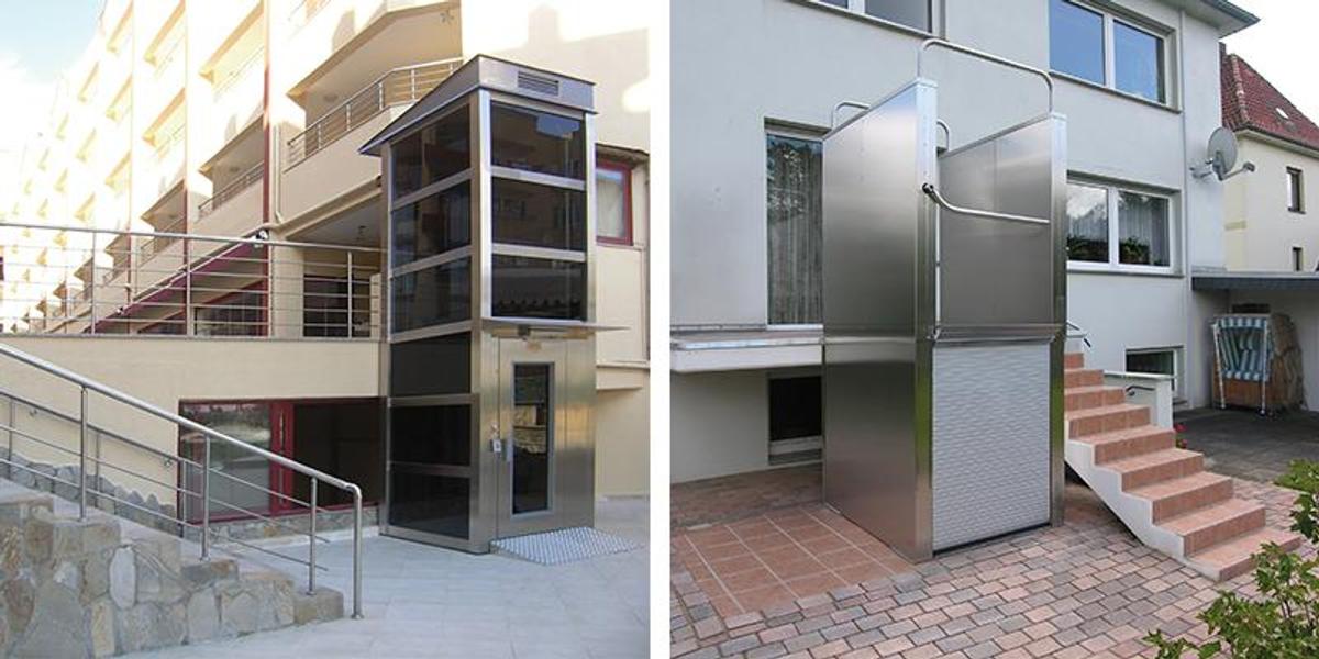Stainless steel vertical accessibility platform lifts installed at residential buildings