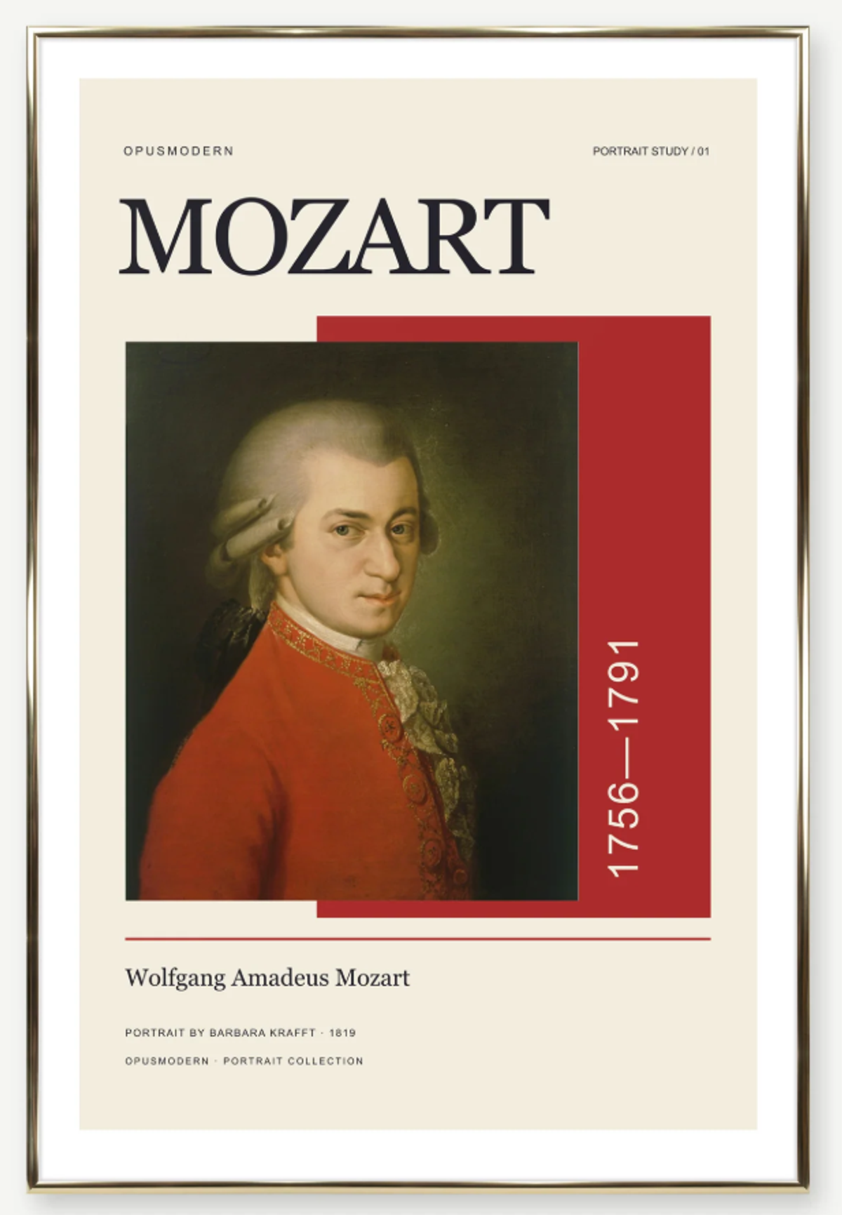Opus Modern’s Krafft Mozart poster with a red geometric panel echoing the red coat in the painting