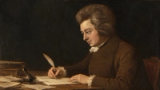 Adaptación moderna del retrato de Mozart de Joseph Lange, que muestra al compositor con una leve sonrisa cómplice mientras escribe una carta con una pluma en un escritorio de madera