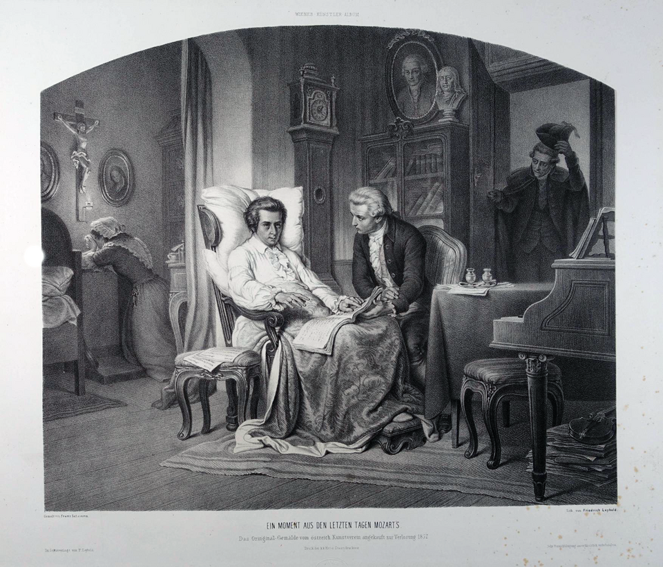 Mozart dictates the Requiem to Süssmayr while Constanze looks on — 1857 lithograph by Franz Schramm