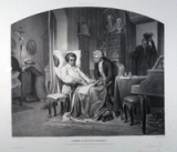 Mozart dita o Réquiem a Süssmayr enquanto Constanze observa — litografia de 1857 de Franz Schramm