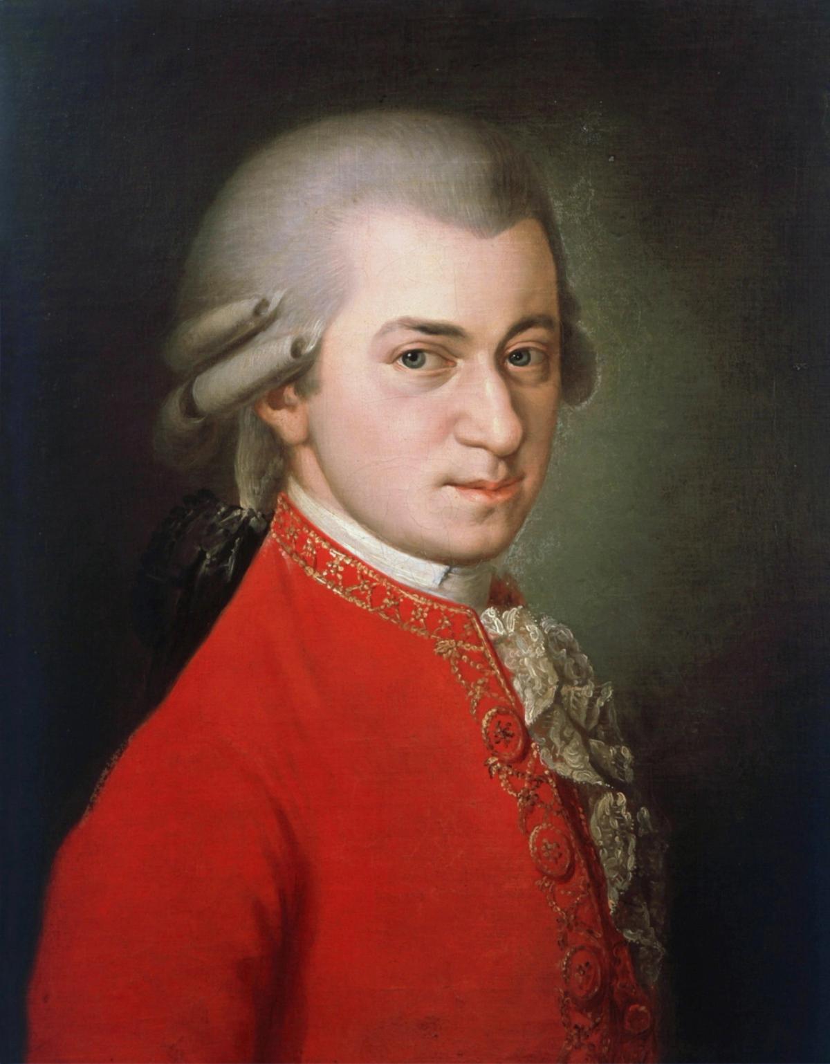 Barbara Krafft’s 1819 portrait of Mozart wearing a red coat and pale neckcloth