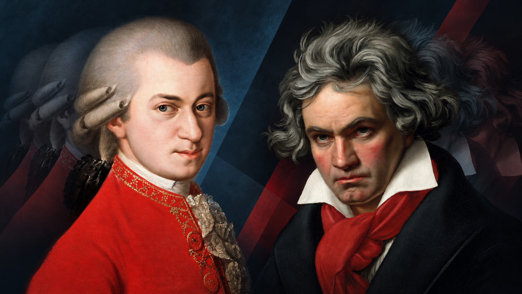 Composition éditoriale moderne de Mozart d’après Barbara Krafft et Beethoven d’après Joseph Karl Stieler, avec ombres et échos décalés des portraits