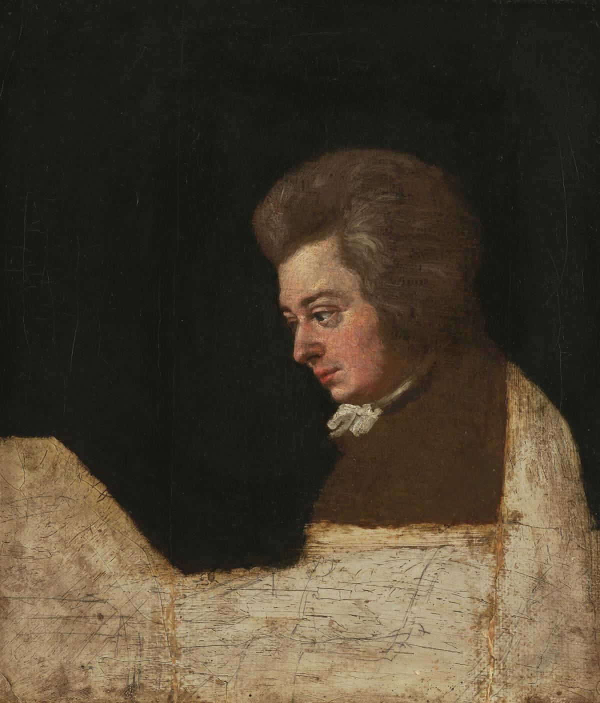 Joseph Lange’s portrait of Mozart with a finished face above an unfinished lower canvas