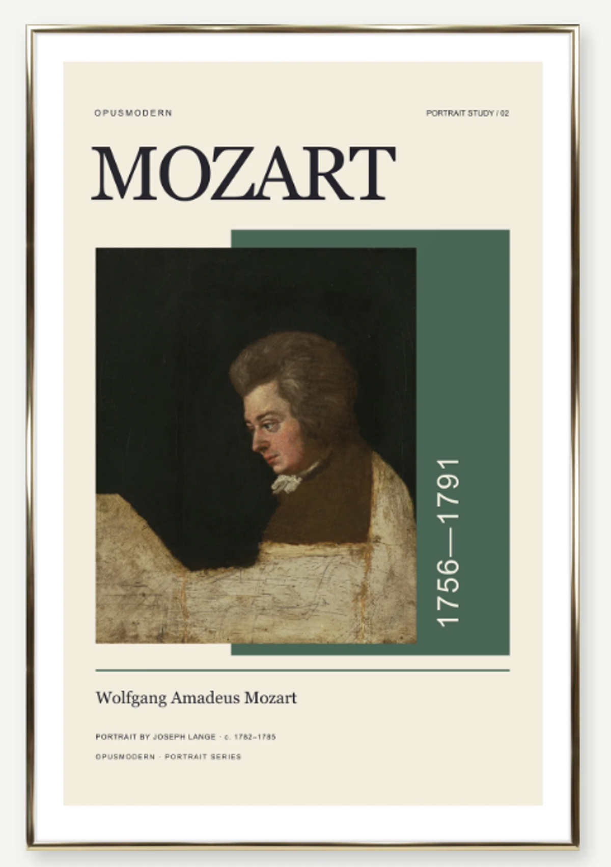 Opus Modern’s Lange Mozart poster with a muted green panel, ivory ground and large serif title