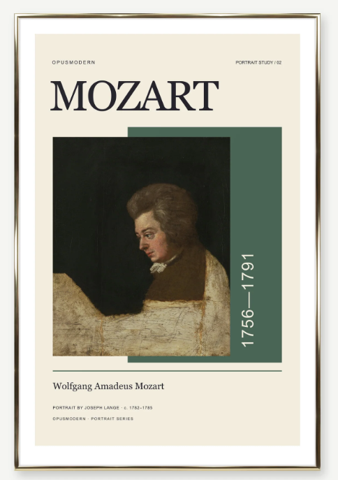 Opus Modern’s Lange Mozart poster with a muted green panel, ivory ground and large serif title