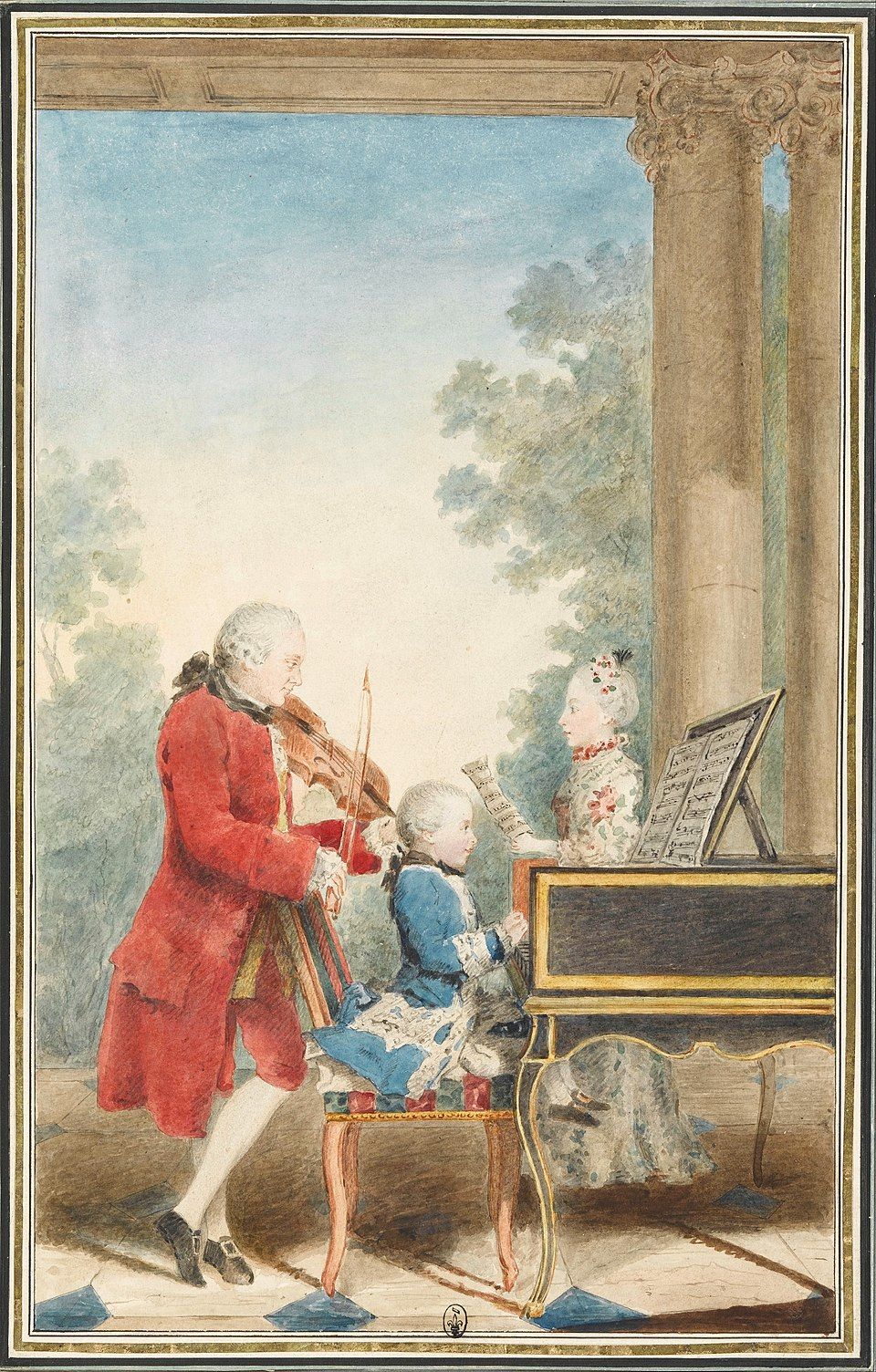 The Mozart family in Paris, 1763–64 — Leopold plays violin, young Wolfgang performs at the keyboard, and Nannerl sings (Carmontelle)