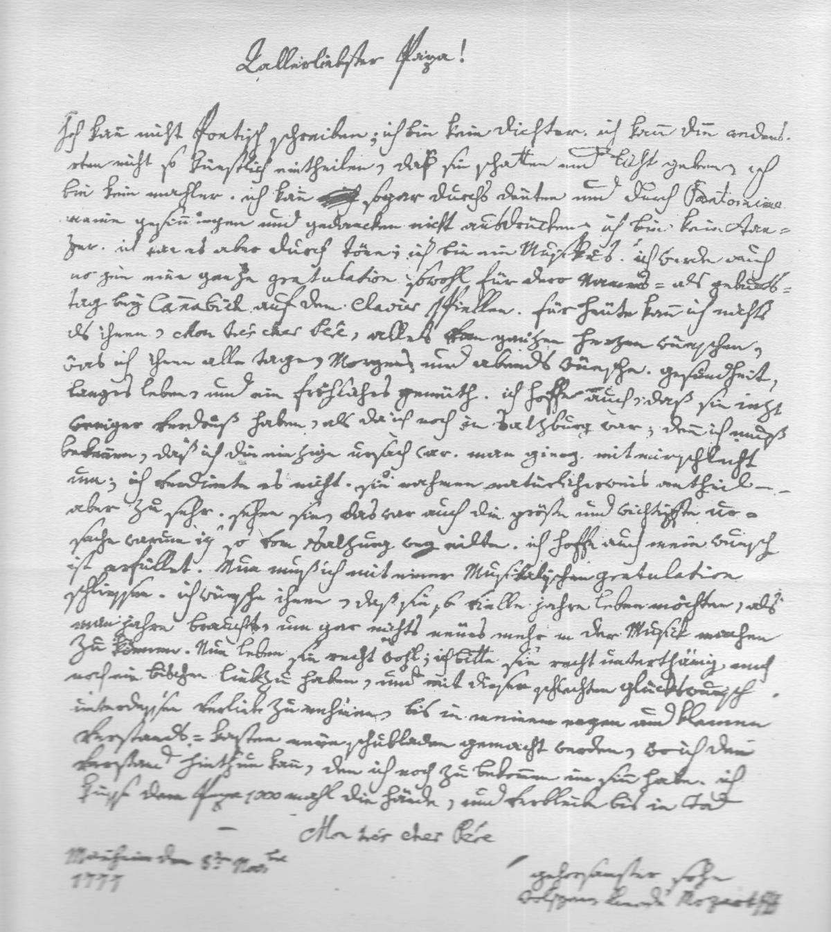 Facsímil histórico de la posdata de felicitación manuscrita de Mozart a su padre, que comienza con «Queridísimo papá» y está fechada en Mannheim el 8 de noviembre de 1777