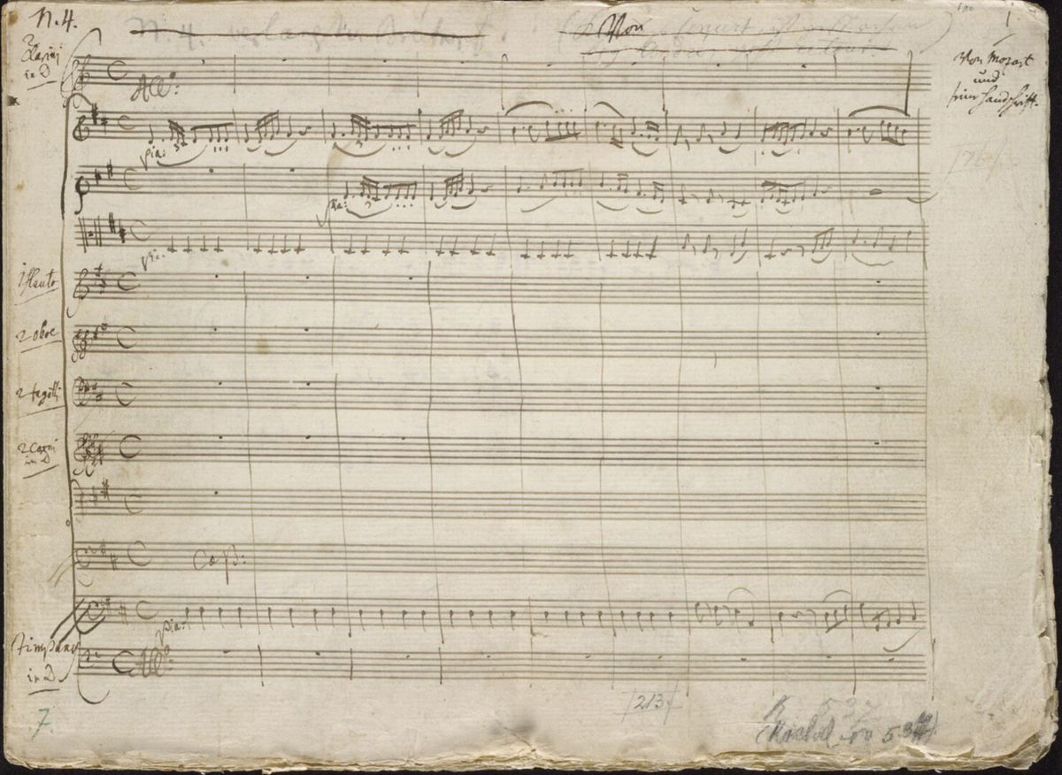 La página inicial del manuscrito autógrafo del Concierto para piano n.º 26, K. 537, de Mozart, en la caligrafía de Mozart.