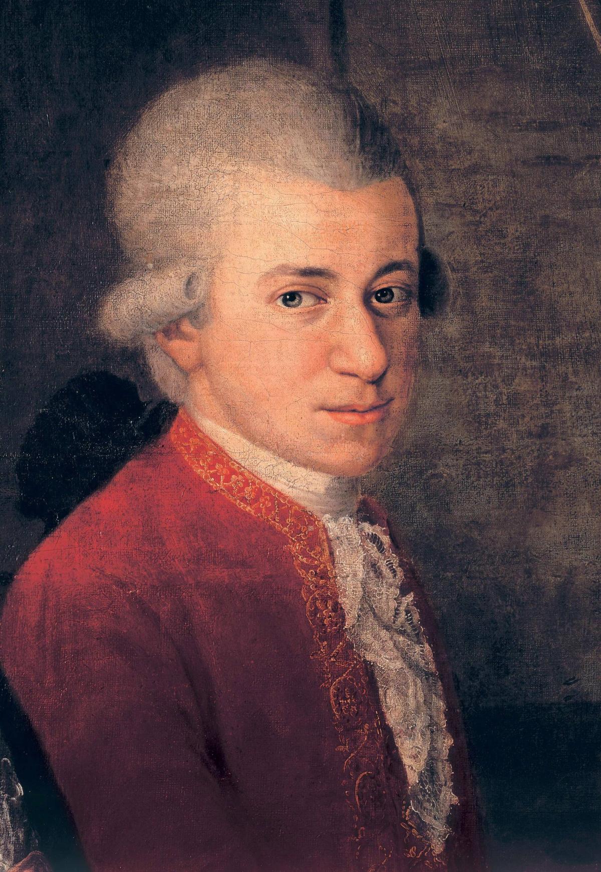 Mozart in a red coat, isolated as a detail from the Mozart family portrait