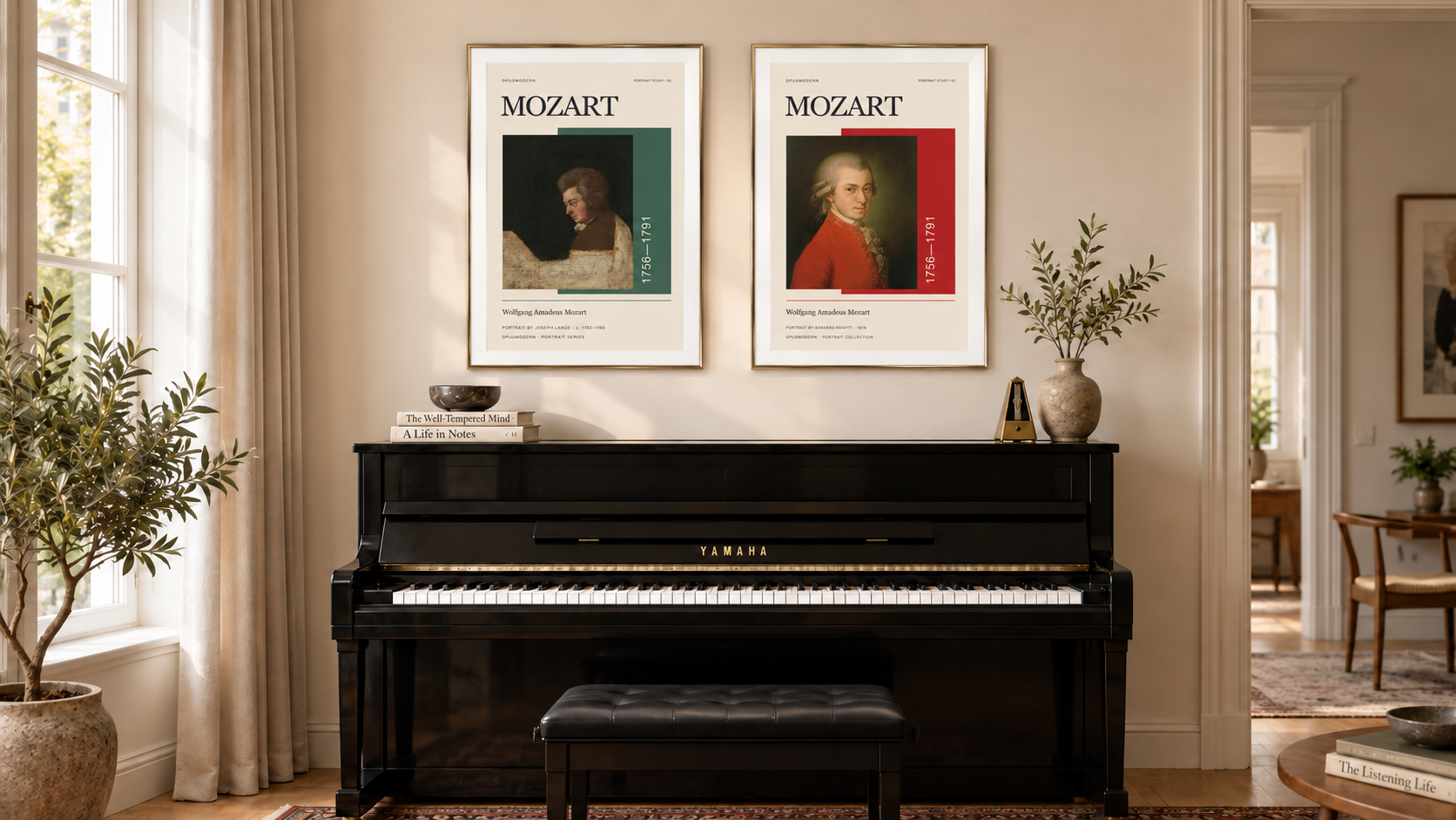 Room illustration showing Opus Modern’s Lange and Krafft Mozart portrait posters above a black upright piano