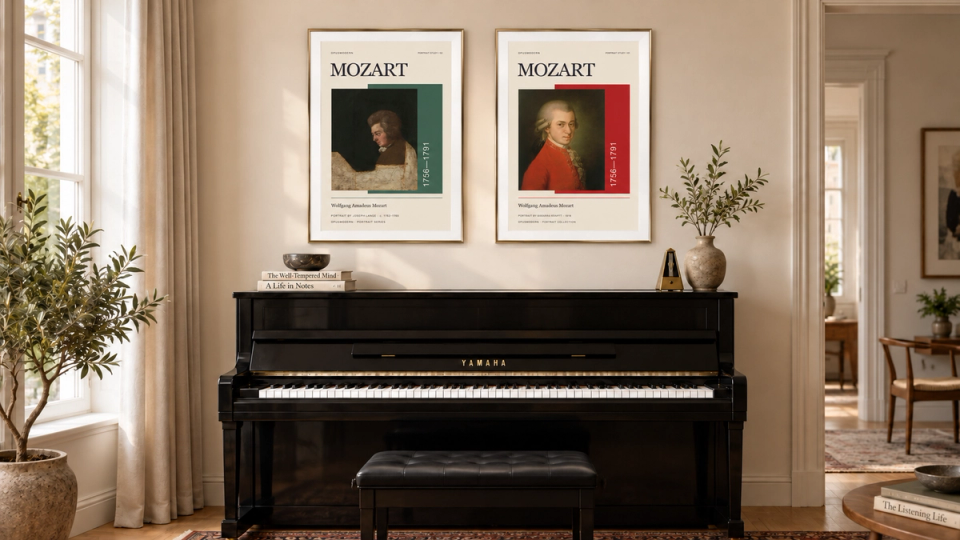 Room illustration showing Opus Modern’s Lange and Krafft Mozart portrait posters above a black upright piano