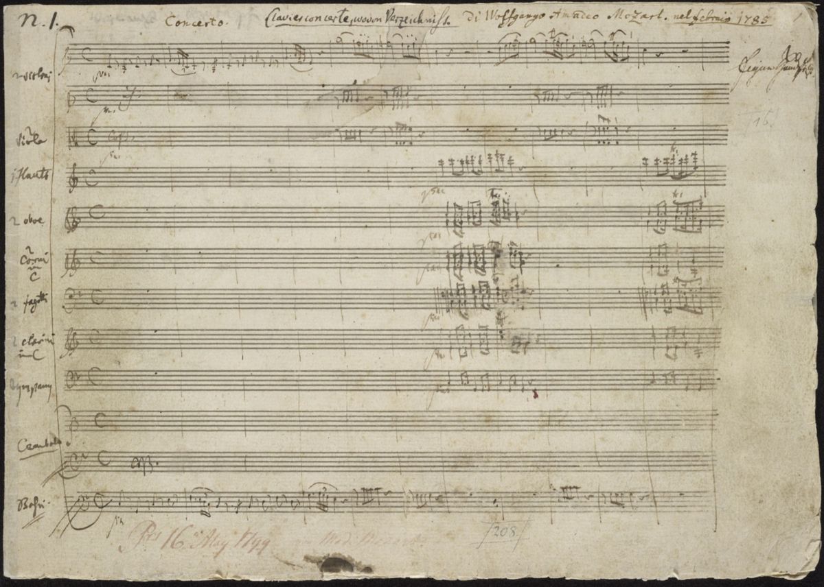 La pagina d'apertura del manoscritto autografo del Concerto per pianoforte n. 21, K. 467, di pugno di Mozart.