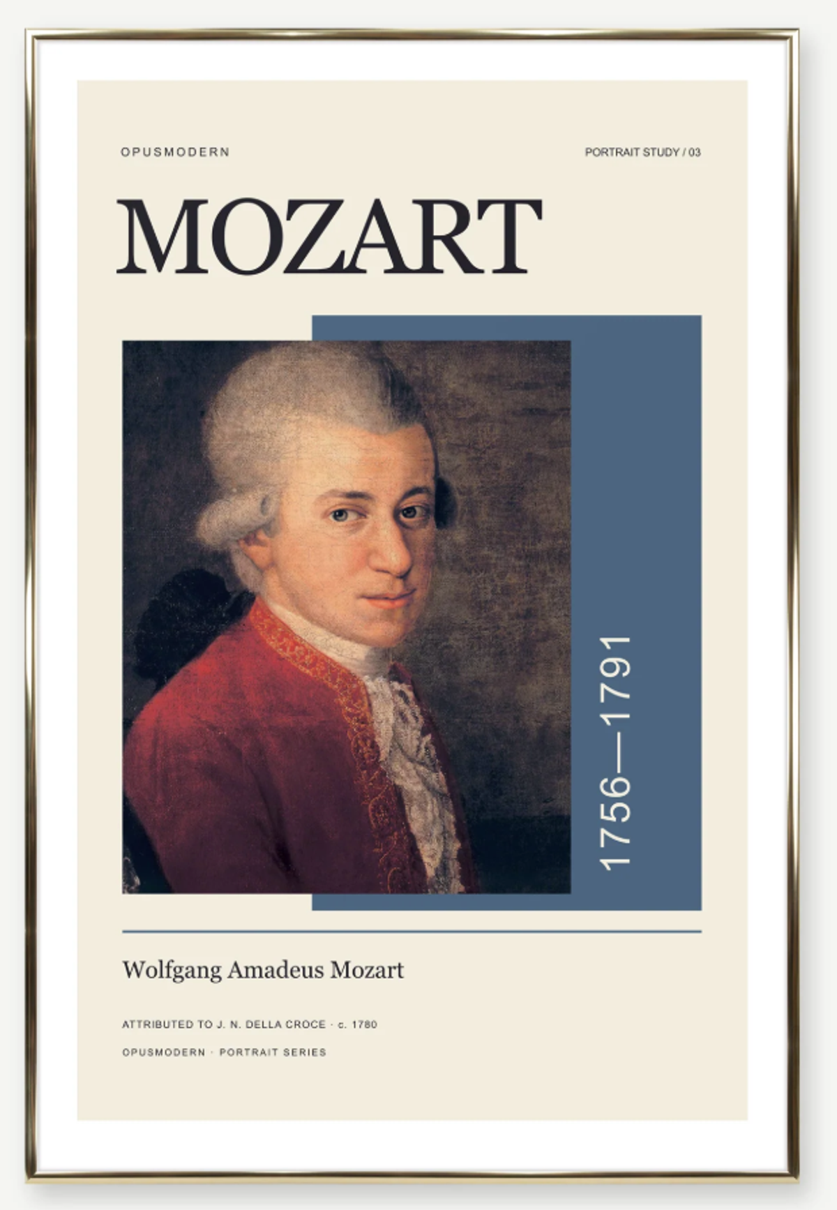 Opus Modern’s Croce Mozart poster with a muted blue panel behind the red-coated portrait detail