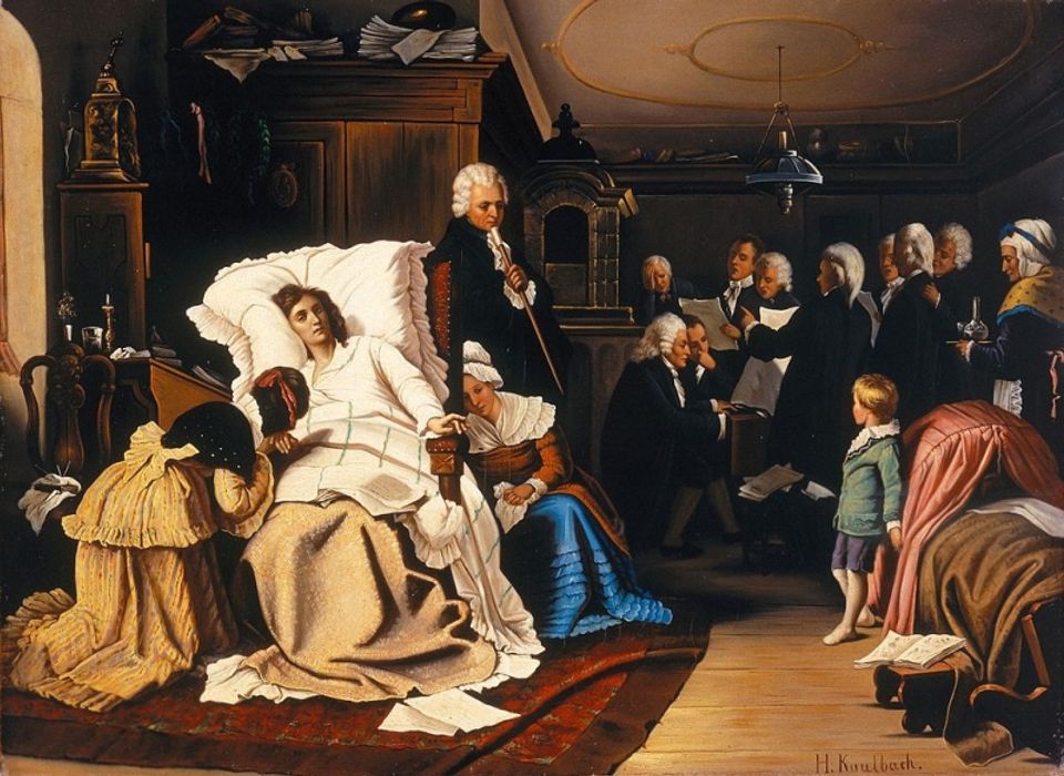 Dipinto di Hermann Kaulbach con Mozart a letto, visitatori e una partitura