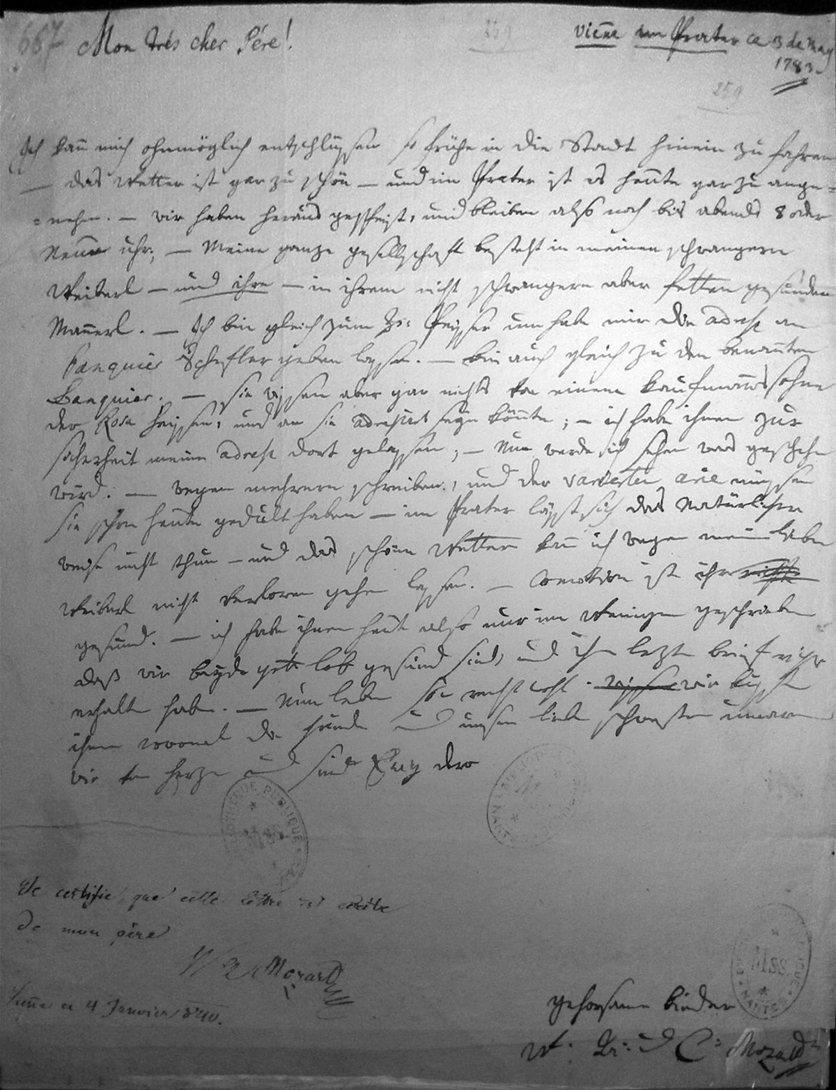 Carta manuscrita de Mozart a su padre desde Viena, fechada el 3 de mayo de 1783, con su firma al pie