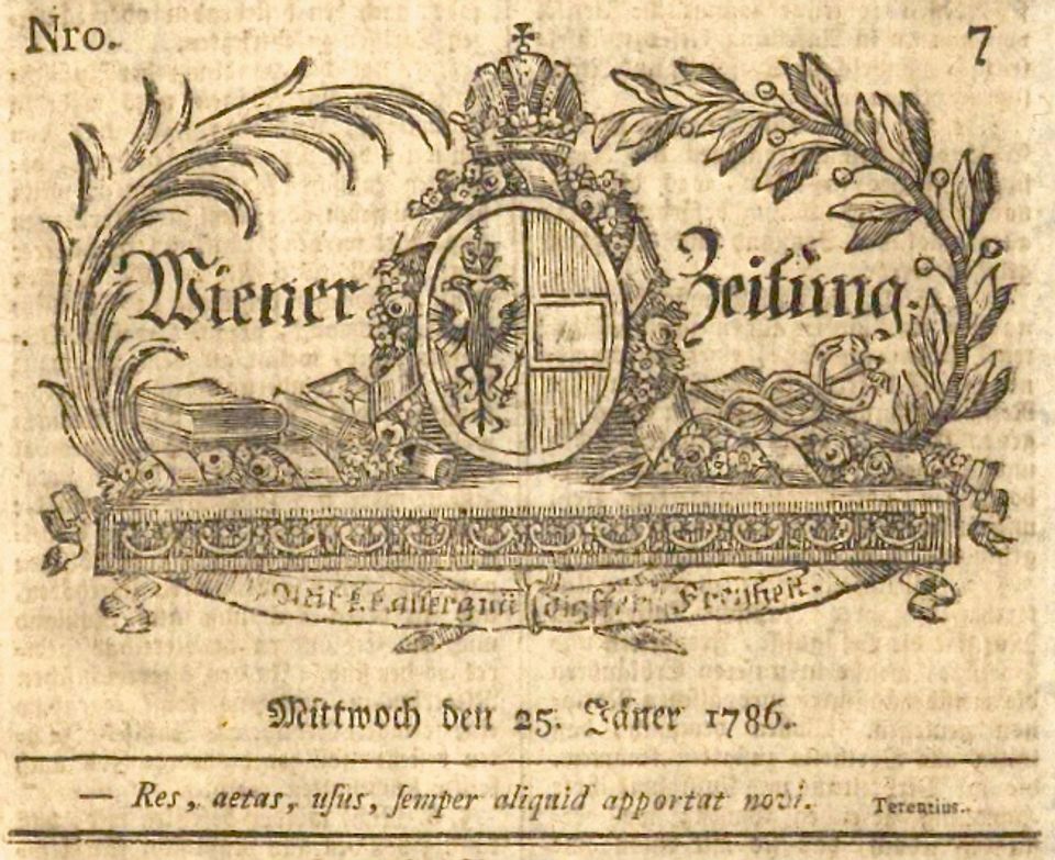 Front page of the Wiener Zeitung, 25 January 1786, where Artaria & Co. advertised Mozart's music