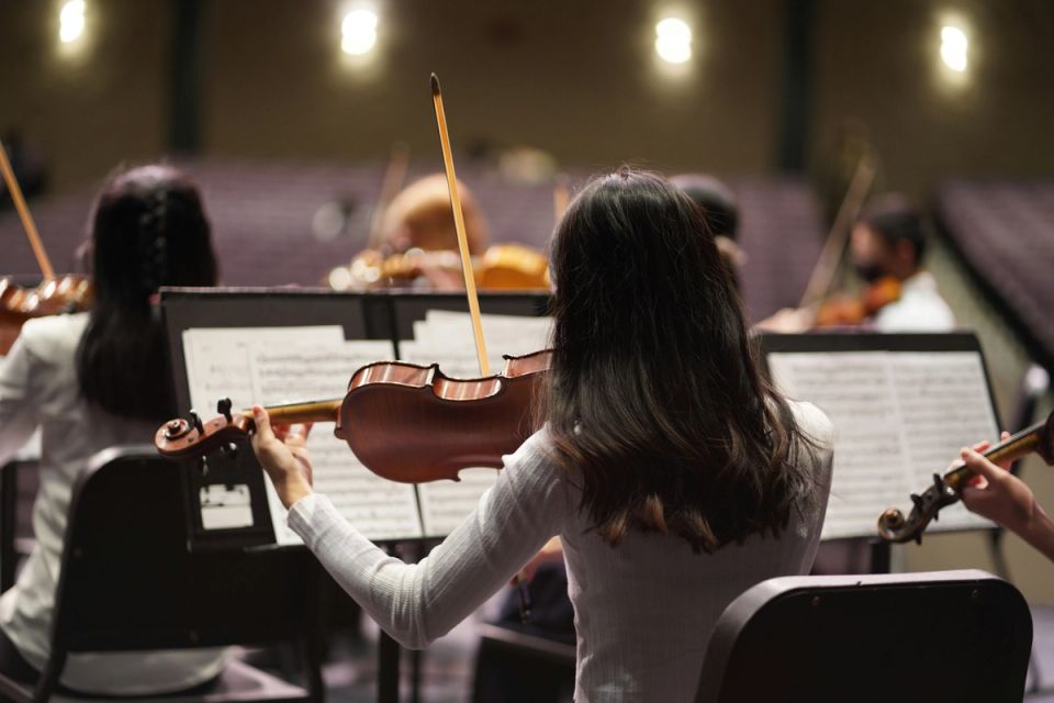 A woman playing violin in a concert hall