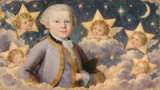 Colagem editorial do retrato pintado de Mozart aos sete anos entre estrelas douradas com rostos de bebê e nuvens cor de lavanda, no estilo de um antigo álbum de recortes