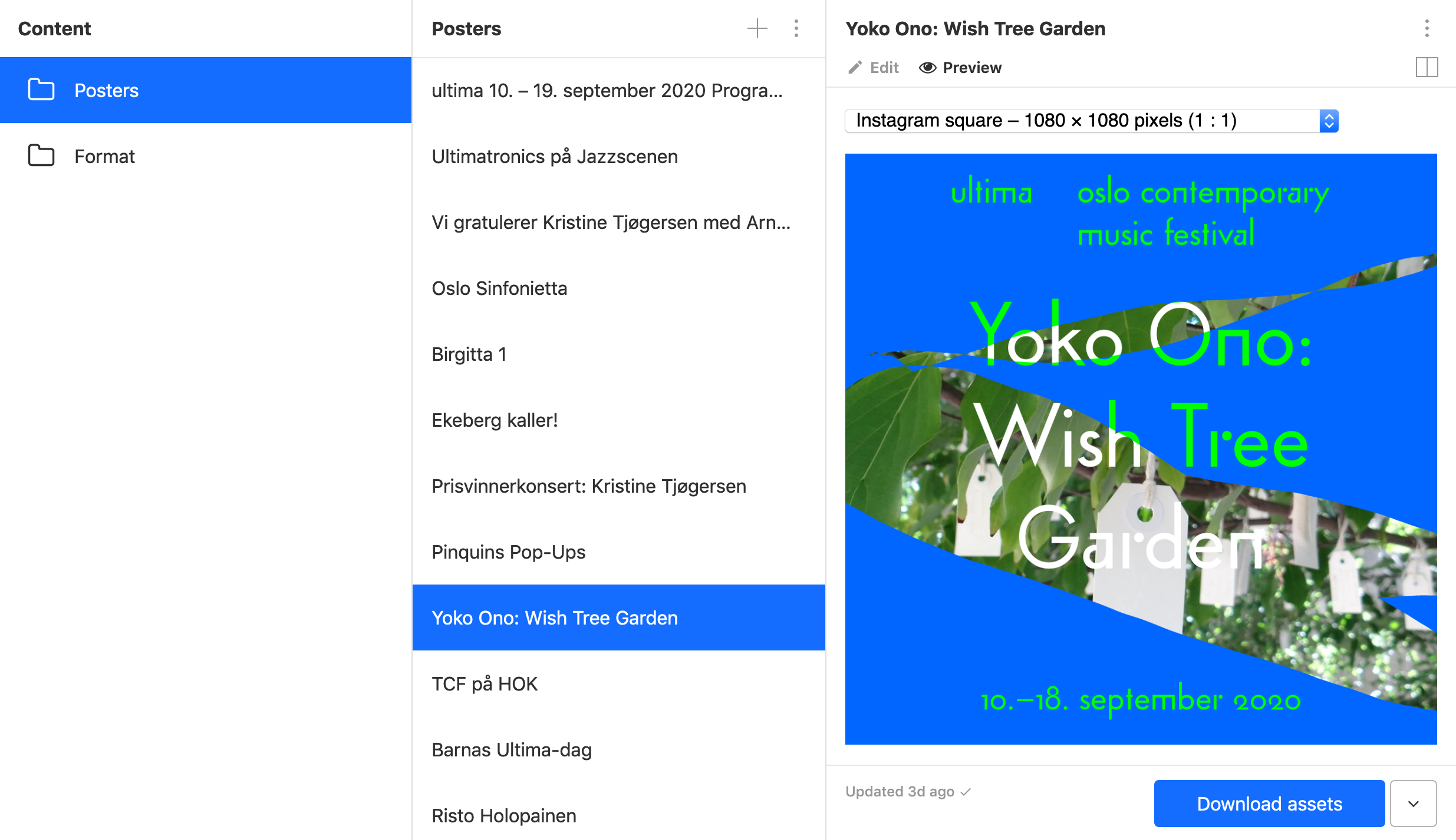 Grensesnitt med en valgt plakat og forhåndsvisning av denne i «Instagram Square» format