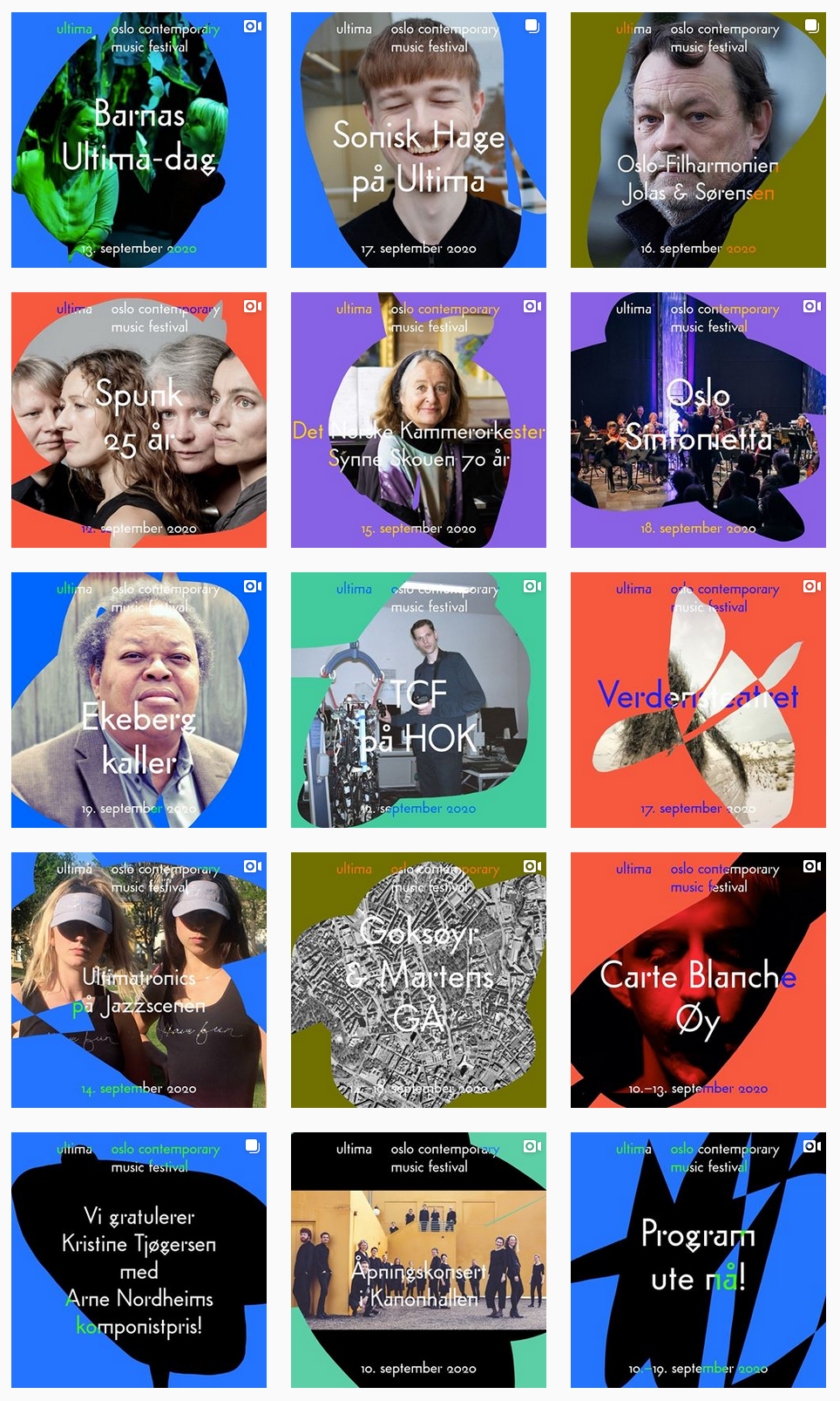 Seks kvadratiske plakater med irregulære former som maskerer bilder med tilhørende tittel, dato og logo i klare farger av rød, blå, hvit, sort, grønn