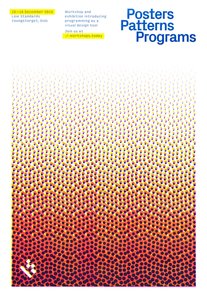 En plakat med dato og sted, tittel, en kort beskrivelse over et bølgende mønster av prikker