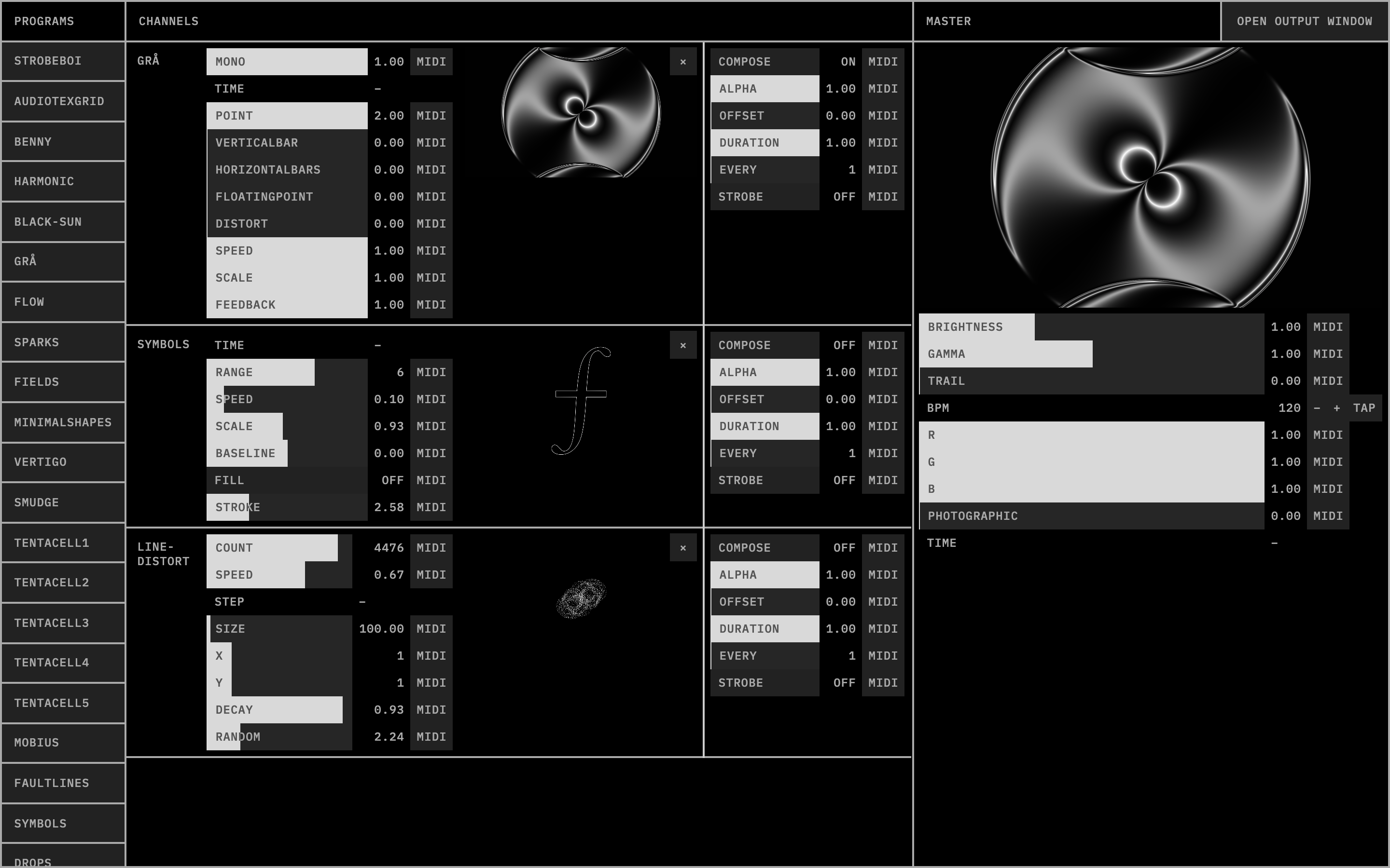 Skjermbilde av grensesnitt for styring av programmert grafikk