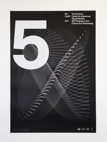 En sort plakat med hvitt trykk: «50th anniversary. CAVS Center for Advanced Visual Studies. ACT MIT Program in Art, Culture and Technology»