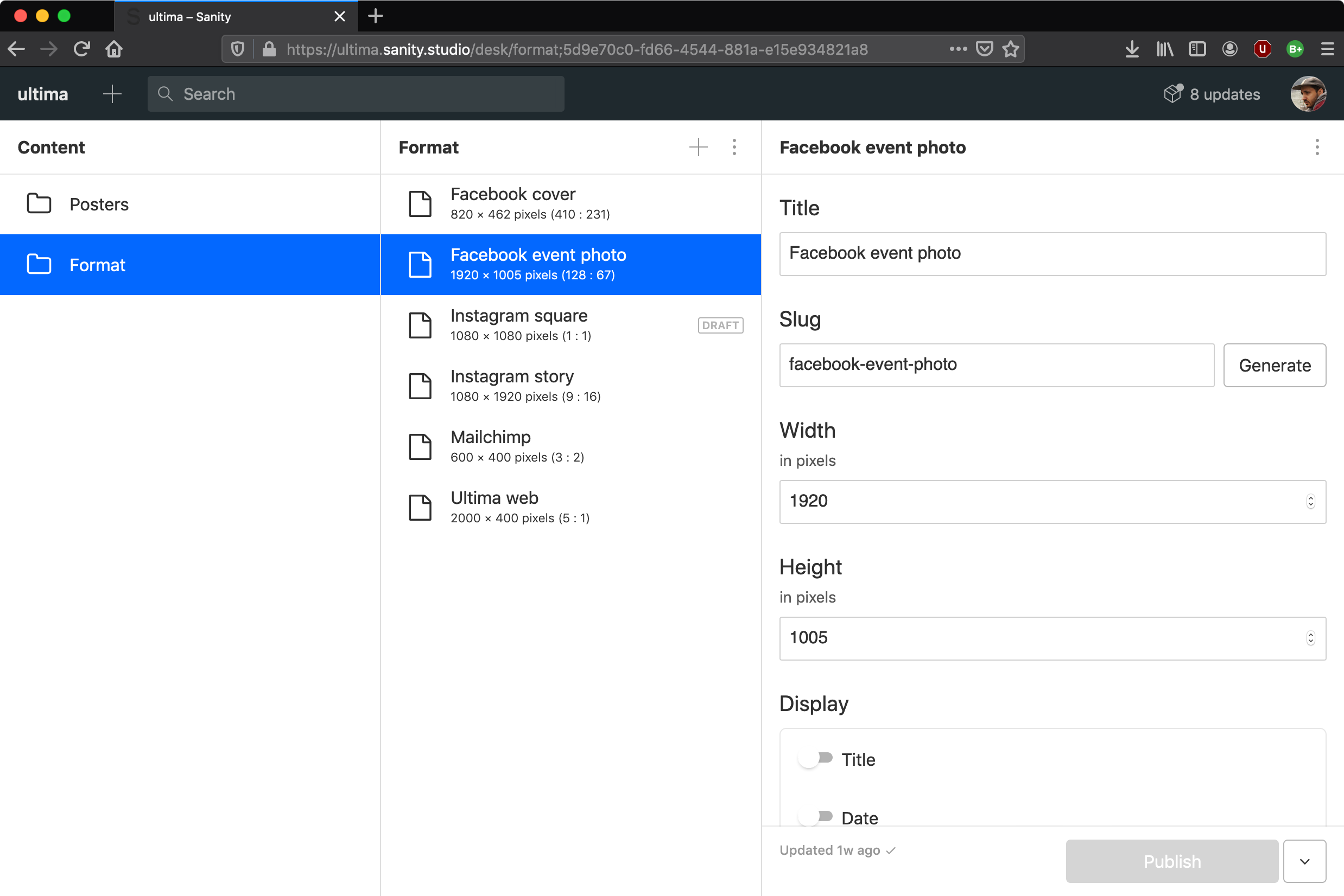 En liste med ulike formater; «Facebook cover», «Facebook event photo», «Instagram square» osv.